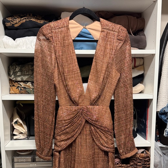 Gianni Bini Hazel Metallic Chiffon V-Neck Long Sleeve Cut Out Dress - Picture 3 of 8